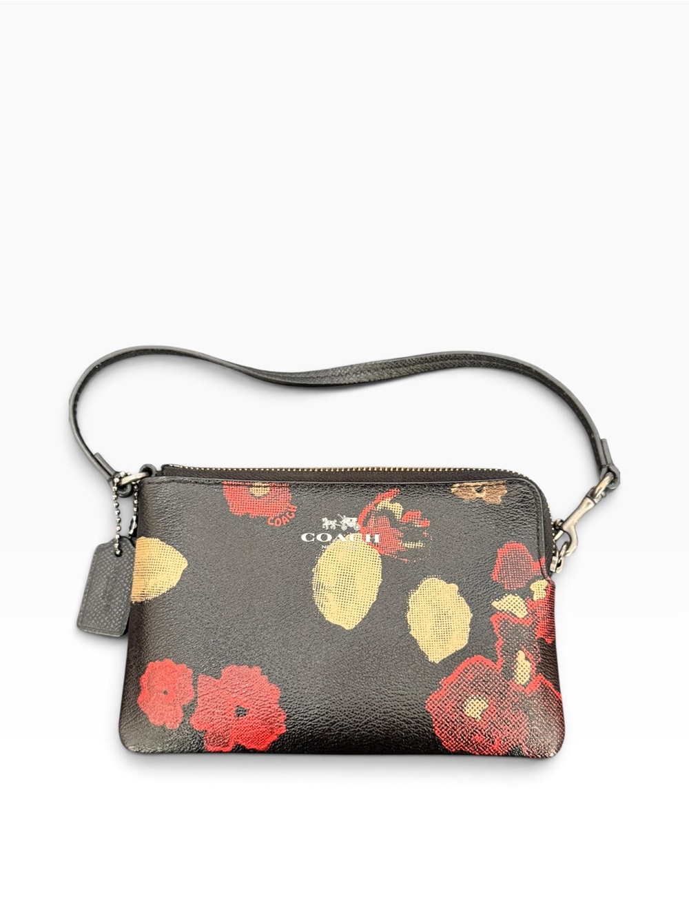 Coach Black Floral Wristlet with Red and Gold Blooms
